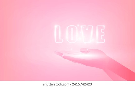Abstract Happy Valentine's days hand holding neon heart pink background with for vector poster design