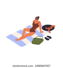 Abstract happy woman sunbathing on sea beach. Tanned girl in swimsuit relaxes on blanket on seashore. People have a rest on coast in summer holidays. Flat isolated vector illustration on white