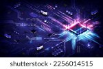 Abstract hardware and software background. Circuit board, Chip processor, Mainboard and code programmer. Hi-tech computer engineer. Cyberpunk tech and database coding. Blue and red neon light effect