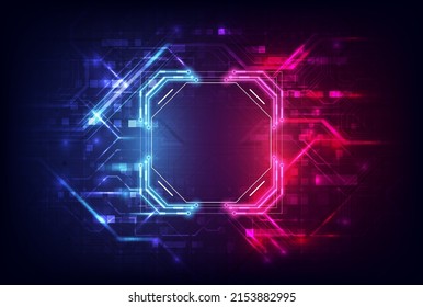 Abstract hardware and software background. Circuit board, Chip processor, Mainboard and code programmer. Hi-tech computer engineer. Pixels screen and database coding. Blue and red neon light effect
