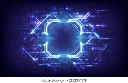 Abstract hardware and software background. Circuit board, Chip processor, Mainboard and code programmer. Hi-tech computer engineer. Pixels screen and database coding. Blue neon lighting effect