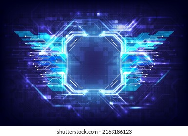 Resumen del fondo de hardware y software. Tarjeta de circuito, procesador Chip, Mainboard y programador de código. Ingeniero informático de alta tecnología. Código de pantalla y base de datos de píxeles. Efecto de iluminación de neón de alas azules