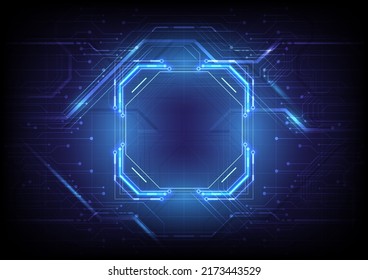 Abstract hardware and software background. Circuit board, frame, Chip processor, Mainboard and code programmer. Computer HUD tech. Pixels screen and database coding. Blue neon lighting effect