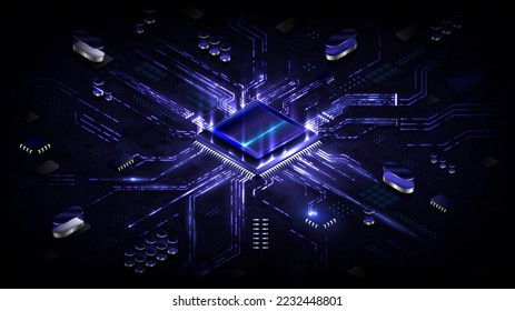 Abstract hardware and software background. Circuit board, Chip processor, Mainboard and code programmer. Hi-tech computer engineer. Cyberpunk tech and database coding. Blue neon light effect