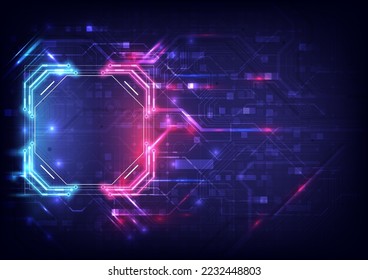 Abstract hardware and software background. Circuit board, Chip processor, Mainboard and code programmer. Hi-tech computer engineer. Pixels screen and database coding. Blue and pink neon light effect