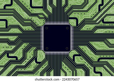 Abstract hardware and software background. Circuit board, Chip processor, Mainboard and code programmer. Hi-tech computer engineer. Geometric screen and database coding. Blue and green board