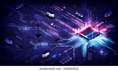 Abstract hardware and software background. Circuit board, Chip processor, Mainboard and code programmer. Hi-tech computer engineer. Cyberpunk tech and database coding. Blue and red neon light effect