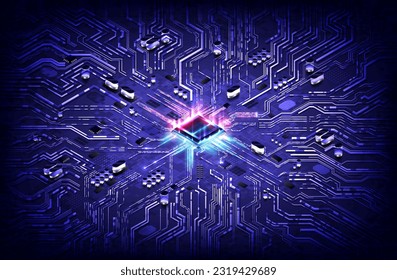 Abstract hardware and software background. Circuit board, Chip processor, Mainboard and code programmer. Hi-tech computer engineer. Cyberpunk tech and database coding. Blue and red neon light effect