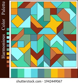 Abstract Harmonious Color Palette with Composition of Geometric Shapes. Unique Scheme of Blue, Brown, Green, Yellow Colours for Creative Use.