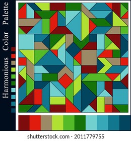 Abstract Harmonious Color Palette with Geometric Composition. Graphic Background with Blue, Brown, Green, Red Colors Swatches.