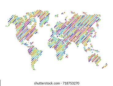 Abstract Hatched World Map with Color Lines. World Stripes Map