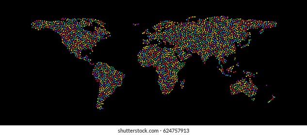 Abstract Hatched World Map with round. Travel Vector Illustration. Earth world map of rainbow. Abstract geography vector background. Multicolored dots world map. Easy colors change