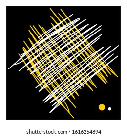 Abstract hatching lines and dots design. White and yellow texture on black background. Vector art. 