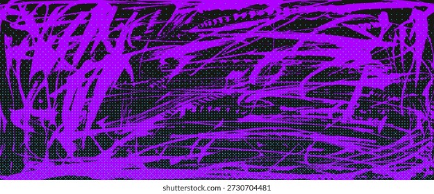 Abstract hatching purple paint background with rough brush textures, grunge stroke patterns, graphic spray effects with retro grunge halftone aesthetic. Vector urban street wall graffiti bg.