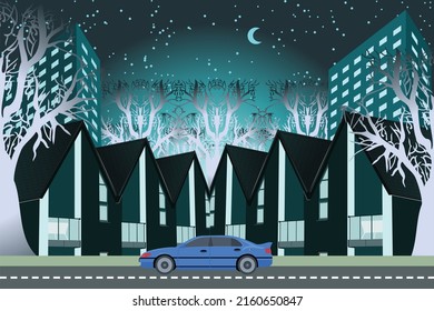 Abstract haunted house, building with tree night view design illustration. Victorian houses at night on the background of the moon