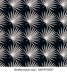 Abstract hawaii light contrast seamless pattern with hand drawn talipot leaves elements. Black background. Botanic artwork. For fabric design, textile print, wrapping, cover. Vector illustration