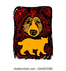 Abstract head of the bear. silhouette of bear in lino print.