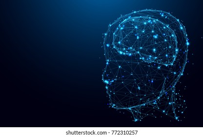 Abstract Head and brain from lines and triangles, point connecting network on blue background. Illustration vector