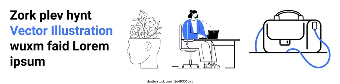 Abstract head with flowers inside, person working at desk on laptop, and briefcase. Ideal for work-life balance, creativity, productivity, professional themes, mental health, business, education