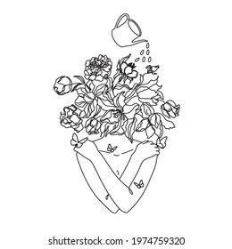 Abstract head with and flowers line vector drawing.  Line Vector Art Drawing. Woman watering herself