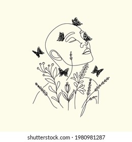 Abstract head with flowers line vector drawing. Fine One Line Vector Art Drawing, Modern GalleryWall, Abstract  Woman Silhouette Botanical theme for print