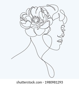 Abstract head with flowers line vector drawing. Fine One Line Vector Art Drawing, Modern GalleryWall, Abstract  Woman Silhouette Botanical theme for print