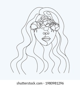 Abstract head with flowers line vector drawing. Fine One Line Vector Art Drawing, Modern GalleryWall, Abstract  Woman Silhouette Botanical theme for print