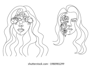 Abstract head with flowers line vector drawing. Fine One Line Vector Art Drawing, Modern GalleryWall, Abstract  Woman Silhouette Botanical theme for print