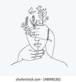Cabeza abstracta con dibujo vectorial de línea de flores. Dibujo de arte vectorial de línea fina, galería modernaMuro, escaparate de silueta de mujer abstracta tema botánico para impresión