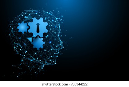 Abstract Head and gear sign form lines and triangles, point connecting network on blue background. Illustration vector