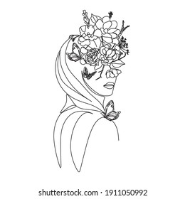Abstract head girl and flowers line vector drawing. Fine One Line Vector Art Drawing.Nature symbol of cosmetics. Abstract Wall Art Print Set, Woman Modern continuous line art. Fashion print.