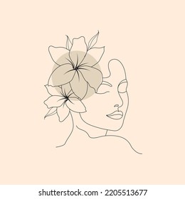 Abstract head girl and flowers line vector drawing. Fine One Line Vector Art Drawing.Nature symbol of cosmetics. Abstract Wall Art Print Set, Woman Modern continuous line art. Fashion print.