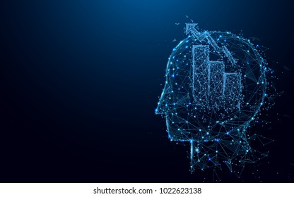 Abstract Head with Graph and Chart bar symbol form lines and triangles, point connecting network on blue background. Illustration vector