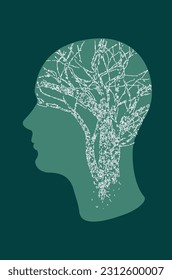 Cabeza abstracta con árbol grunge, concepto de salud mental.