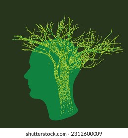 Abstract head with grunge tree, mental health concept.