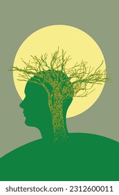 Abstrakter Kopf mit Grunge Baum, psychisches Gesundheitskonzept.