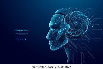 Abstract head of the humanoid robot android in futuristic low poly wireframe style consists of glowing dots and thin lines. Close-up side view of asexual bot or cyborg. Artificial intelligence concept