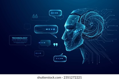 Abstract head of the humanoid robot android with talk bubble speech in futuristic low poly wireframe style. Close-up side view of asexual bot or cyborg. Chatbot and Artificial intelligence concept.