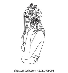 Abstract head with long eyelashes and flowers line vector drawing. Fine One Line Vector Art Drawing, Modern GalleryWall, Abstract Wall Art Print Set, Woman Silhouette Botanical theme for print