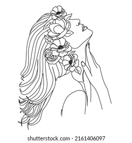 Abstrakter Kopf mit langen Wimpern und Blumen Linie Vektorgrafik. Fine One Line Vektorgrafik-Zeichnung, Moderne GalerieWall, Abstrakter Wall-Kunstdrucksatz, Frau Silhouette Botanisches Thema für den Druck