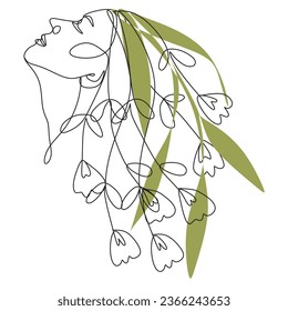 Abstrakter Kopf mit langen Wimpern und Blumen Linie Vektorgrafik. Fine One Line Vektorgrafik Zeichnung.