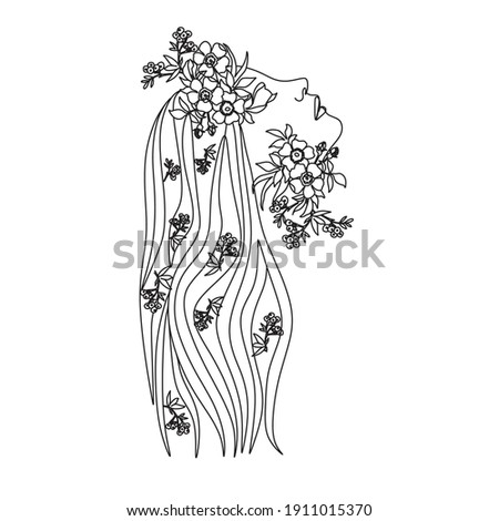 Abstract head with long eyelashes and flowers line vector drawing.Fine One Line Art Drawing, Modern GalleryWall, Abstract Wall Art Print Set, Woman Silhouette Botanical theme for print.Fashion print.