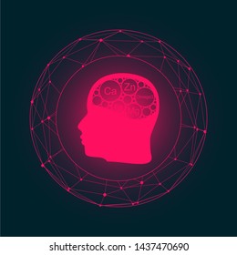 Abstract head with minerals names in brain. Minerals chemical elements in circles. Connected lines with dots