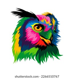 Abstract Head portrait of a long-eared owl, eagle owl from multicolored paints. Splash of watercolor, colored drawing, realistic. Vector illustration of paints