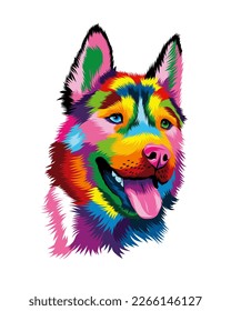 Abstract head portrait of siberian husky from multicolored paints. Puppy muzzle portrait, dog muzzle. Colored drawing. Vector illustration of paints