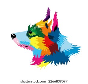Abstract head portrait of welsh corgi pembroke from multicolored paints. Colored drawing. Puppy muzzle portrait, dog muzzle. Vector illustration of paints