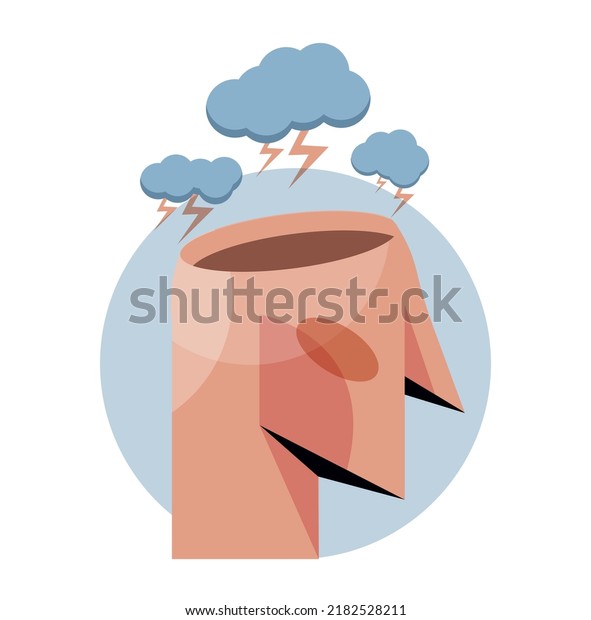 Abstract head with rain. Mental health,\
awareness and Psychology. Depression and frustration, negative\
emotions, bad mood. Difficulties and problems, pessimism. Cartoon\
flat vector\
illustration