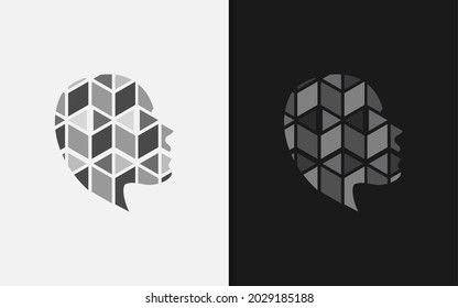 Abstract Head Silhouette Logo with Geometric Square Cubic Inside Combination.