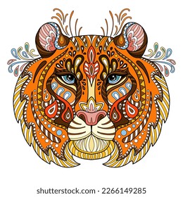 La cabeza abstracta del tigre se acerca con elementos de garabatos de maraña. Ilustración de color vectorial aislada en fondo blanco. Diseño, impresión, decoración, tatuaje, camiseta, rompecabezas, póster, porcelana, pegatinas