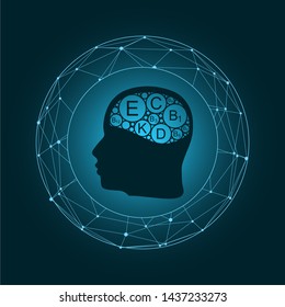 Abstract head with vitamines names. Vitamines in circles. Connected lines with dots